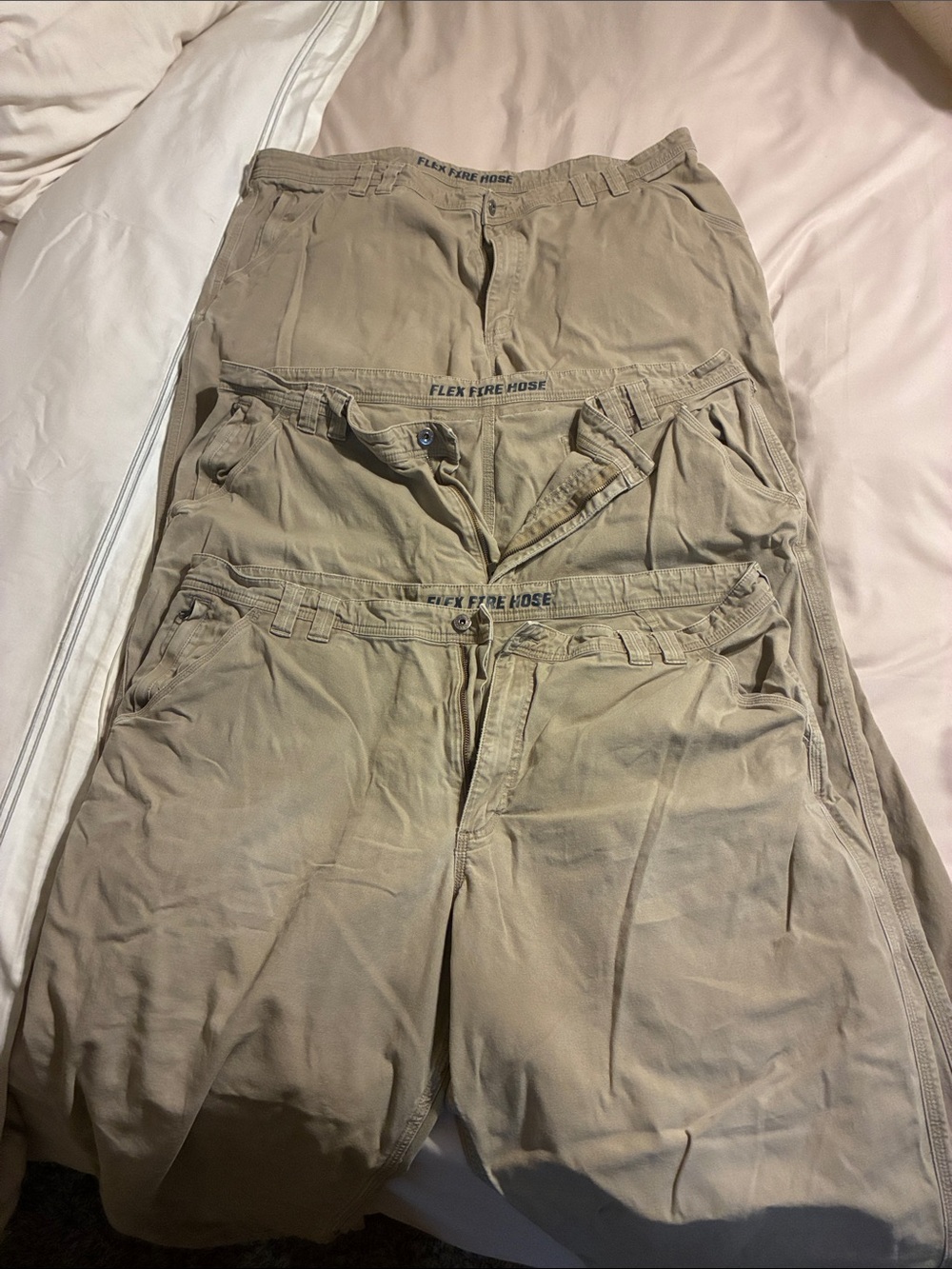 3 Pair- Duluth Flex Fire Hose Men's Khaki Work Pants 44x30 (all good condition)